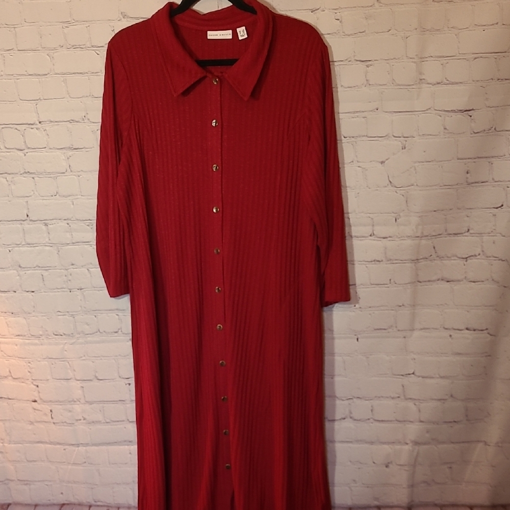 Susan Graver Sweater Rib Knit Size 1X Raspberry Red Midi Dress 3/4 Sleeve